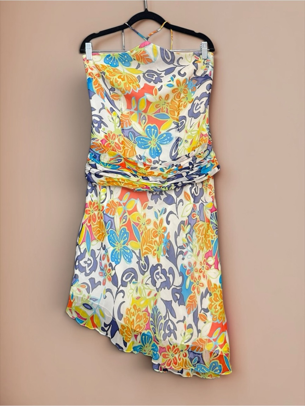 Vintage Y2K David Meister 100% Silk Floral Halter Dress Size 4 Asymmetrical Hem